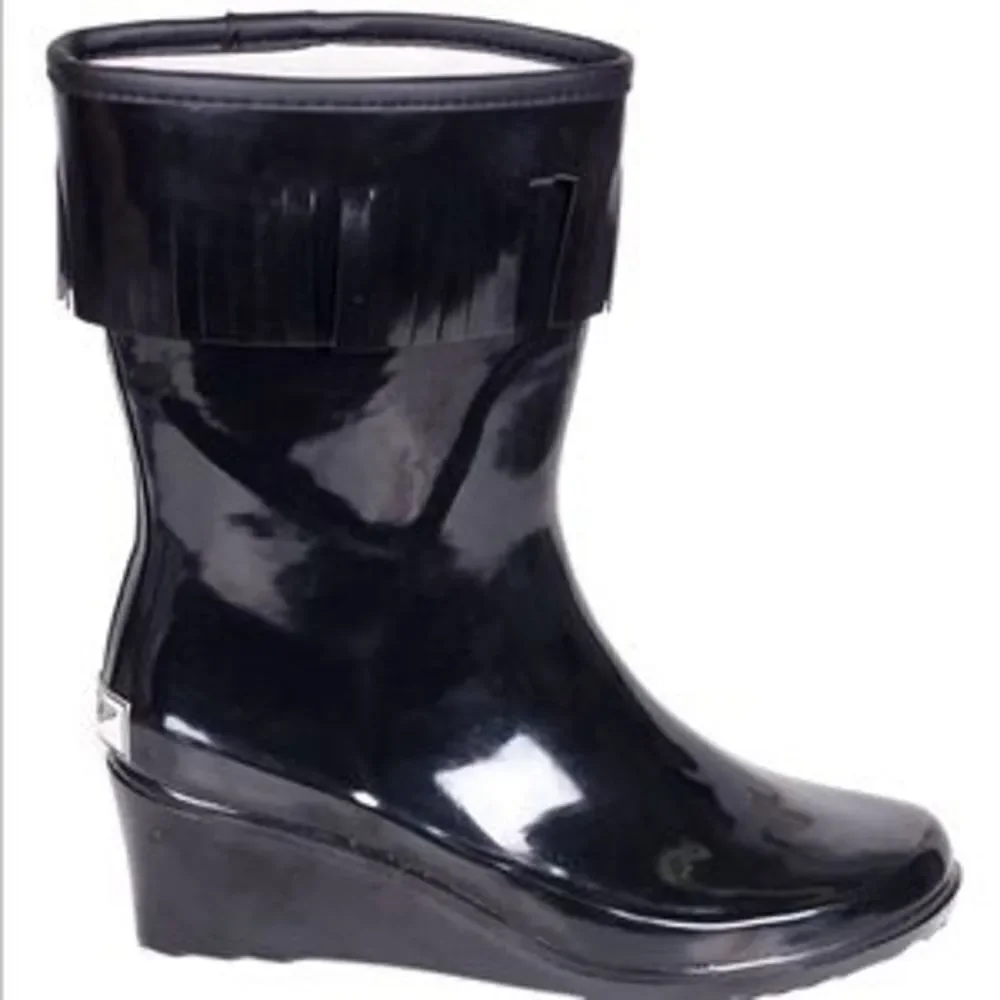 Women's Rubber Rain Boots /w Wedge Heels & Tassels Garden Rainboots, NEW